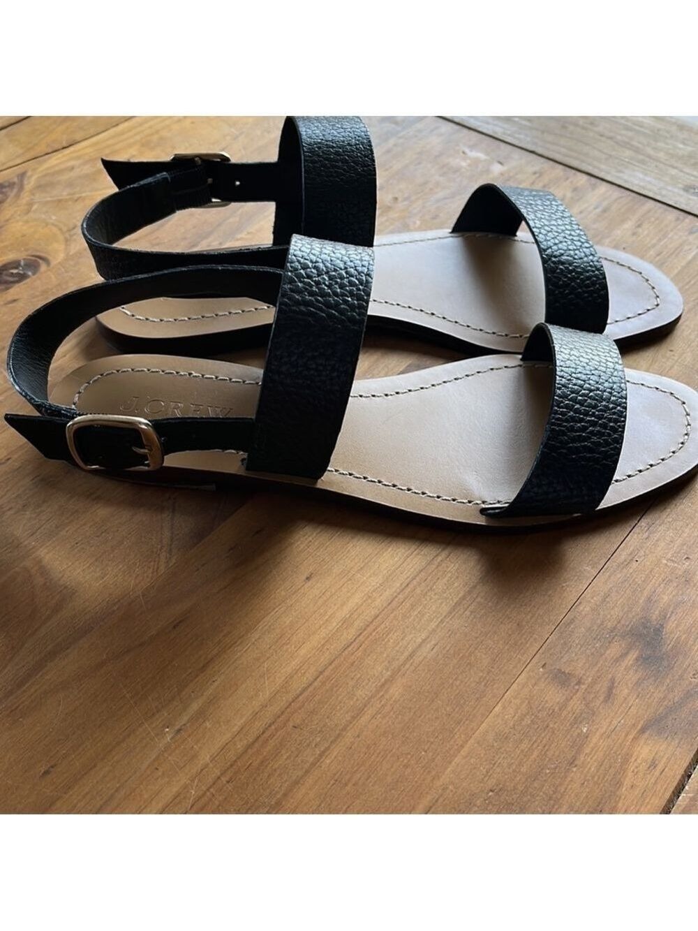 J. Crew Women’s Black Pebble Leather Flat Double Strap Sandals 6.5 - Picture 10 of 12